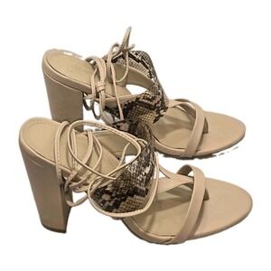 ShoeDazzle Sylma Nude Snake Print Block Heel Lace Up Sandals Women's US 10